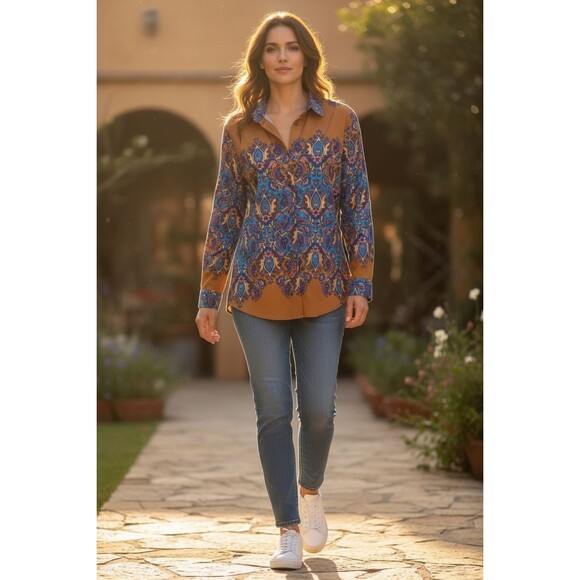 Tyler Boe Size 12 Top Orange/Blue Paisley Corp Core Fall Business Work - Picture 7 of 13